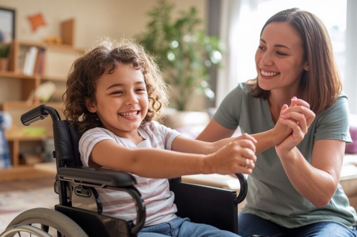 Mother and child in wheelchair smiling