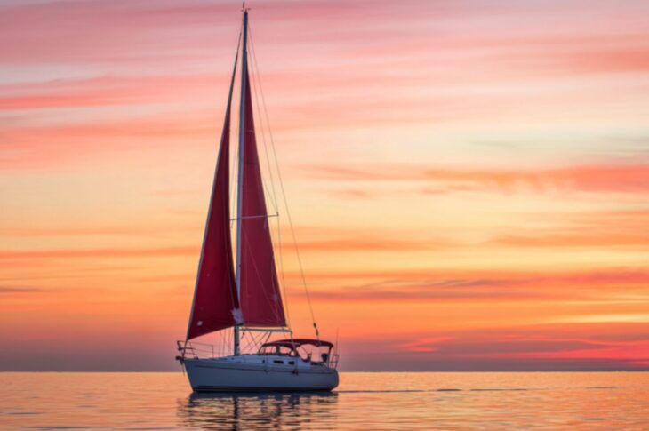 Sailboat glides across calm water at sunset with colorful sky